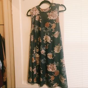 Floral dress with no sleeves.